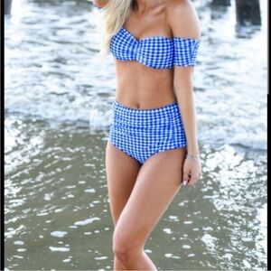 Lauren James *set* blue and white gingham 2 piece high-waisted bikini set, Med